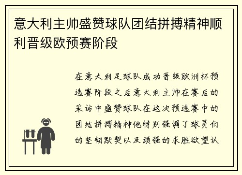 意大利主帅盛赞球队团结拼搏精神顺利晋级欧预赛阶段