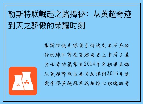 勒斯特联崛起之路揭秘：从英超奇迹到天之骄傲的荣耀时刻
