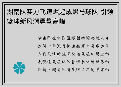 湖南队实力飞速崛起成黑马球队 引领篮球新风潮勇攀高峰