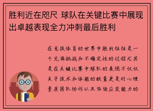 胜利近在咫尺 球队在关键比赛中展现出卓越表现全力冲刺最后胜利